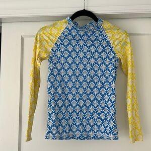 Mini Boden kids size 11-12Y Long Sleeve Rashguard Hotchpotch Coral Blue Yellow